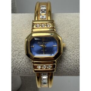 Pierre Jacquard New Battery Lady Cuff Watch Blue Faceted Dial Gold Tone 24MM 6"